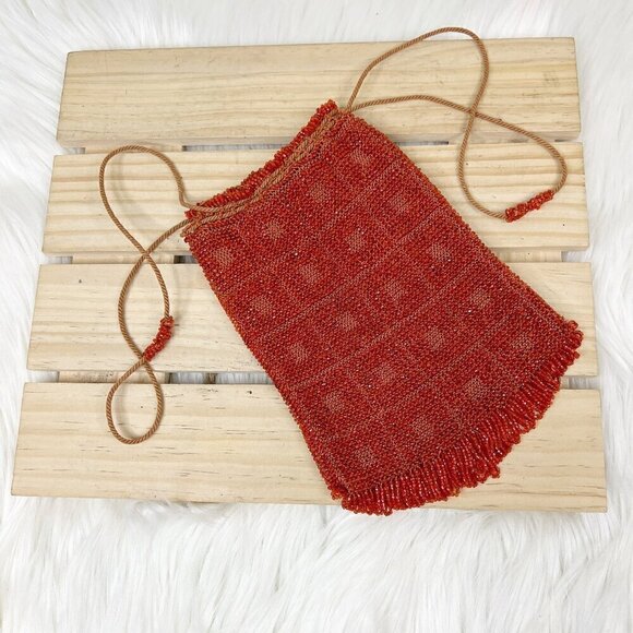 Vintage Terra Cotta Red Burnt Orange Handmade Micro Glass Bead Fringe Clutch - Picture 2 of 8
